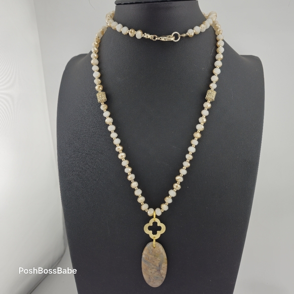 Handmade Crazy Lace Agate Pendant Necklace - Gold Accents, Natural Stone, 30" - Picture 2 of 16